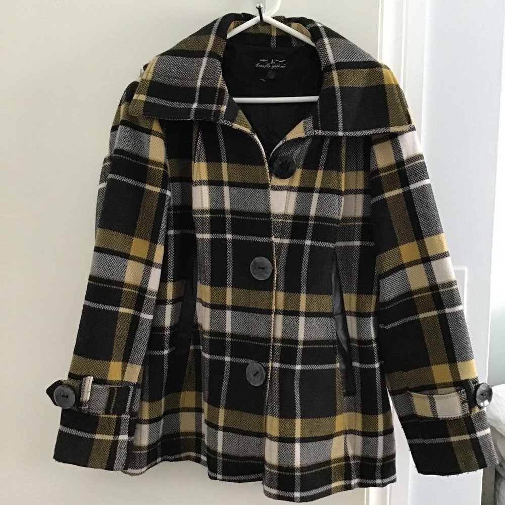 Button Front Black And Yellow Plaid Coat